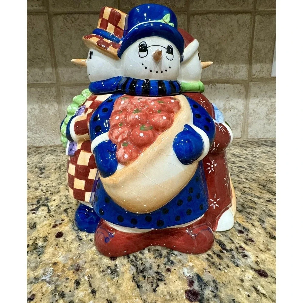 Block Snow People Cookie Jar 1999 Gear Ceramic Multi-Color‎ 4-Snowmen Holiday